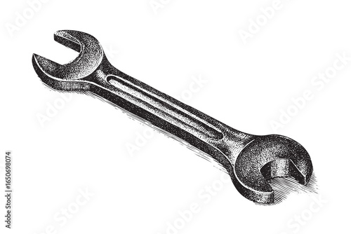 Detailed spanner engraving illustration of a wrench tool for mechanical work. This illustration showcases a tool, perfect for mechanical work and repair projects. It's a detailed engraving.