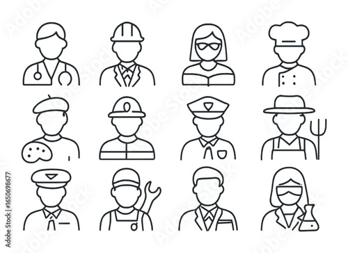 Profession Icons Grid. Outline icon set of professions: doctor, engineer, teacher, chef, artist, firefighter,