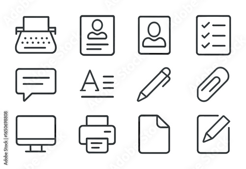 Resume Icons Collection. Outline icon set of resume building: typewriter, resume page, photo, checklist, text