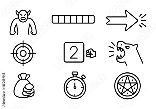 Boss Fight Icons. Outline icon set of boss fights: giant enemy, health meter, arena, attack icon, weak spot,