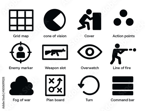 Tactical Game Icons. Outline icon set of tactical games: grid map, cone of vision, cover icon, action points,