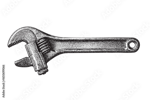A detailed wrench engraving illustration. It is a sketch of a wrench, an art illustration, and a vector engraving. It is on a transparent background.