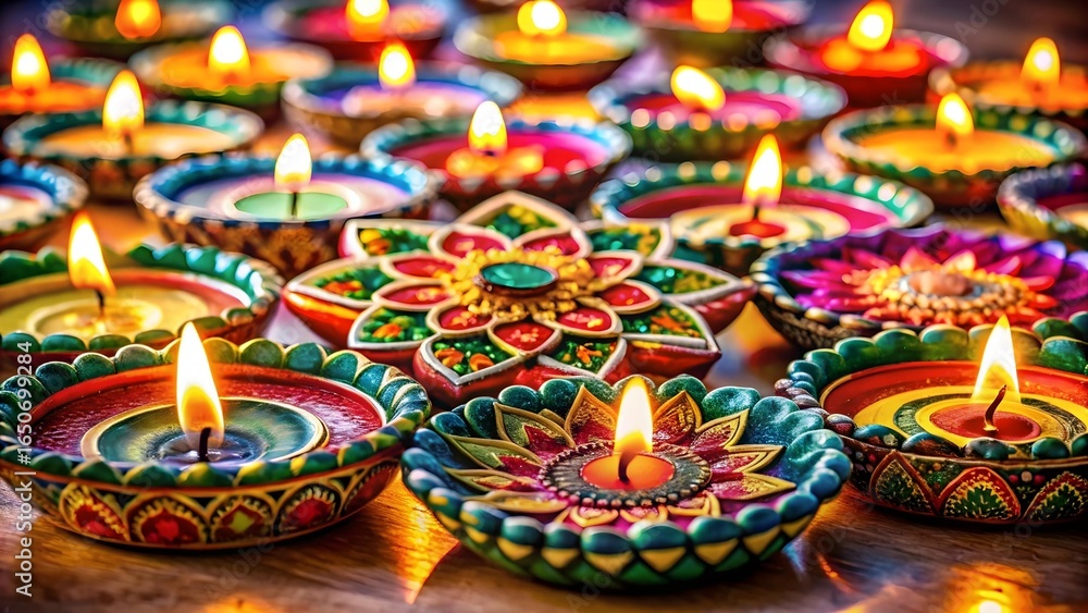 Fototapeta premium Warm glowing diyas and a decorative floral diya light up the night during a vibrant diwali festival celebration