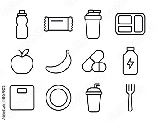 Sports Nutrition Icons. Outline icon set of sports nutrition: water bottle, protein bar, shaker, meal box,