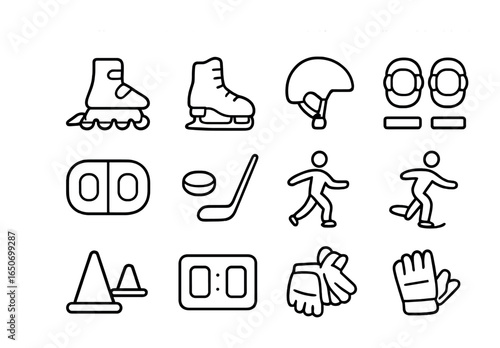 Skating Icon Collection. Outline icon set of skating: rollerblades, ice skates, helmet, knee pads, rink, puck,