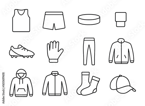 Sportswear Icon Set. Outline icon set of sportswear: jersey, shorts, headband, wristband, cleats, gloves,