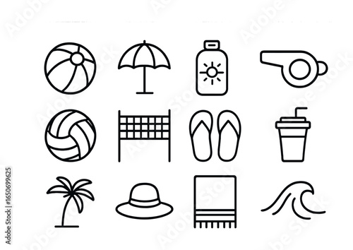 Beach Sports Icons. Outline icon set of beach sports: beach ball, umbrella, sunscreen, whistle, volleyball,