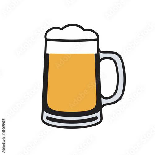 Vector illustration of a glass beer mug filled with golden beer and topped with foam, representing leisure, relaxation, and social gatherings