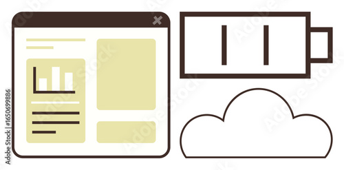 UI window with bar chart, battery icon, and cloud outline combined to represent cloud computing, power management, and technology. Ideal for tech solutions, data storage, energy, modern tools web