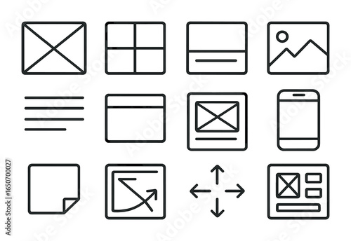 UX Wireframing Icons. Outline icon set of UX wireframing: wireframe box, layout grid, section placeholder,