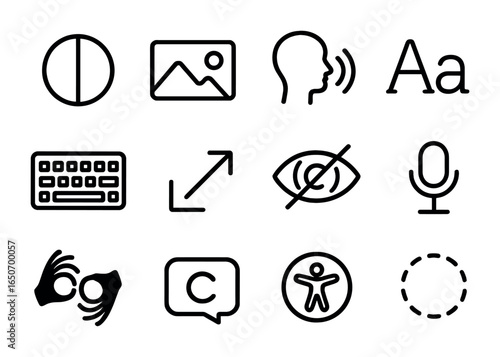 Accessibility Icon Set. Outline icon set of accessibility features: contrast icon, alt text, screen reader,