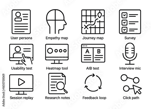 UX Research Icon Set. Outline icon set of UX research tools: user persona, empathy map, journey map, survey