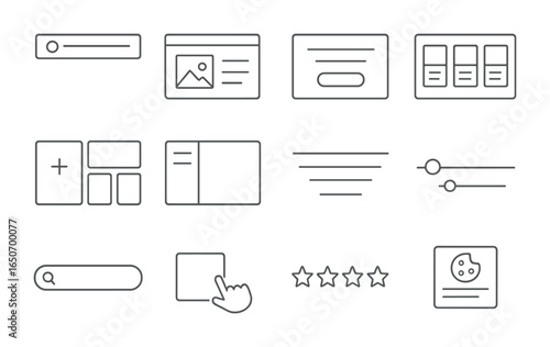 Web Interface Icons Grid. Outline icon set of web interface elements: navbar, hero section, call-to-action,