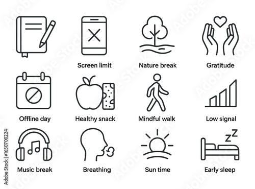 Digital Wellness Icon Set. Outline icon set of digital wellness on the road: journal app, screen limit, nature