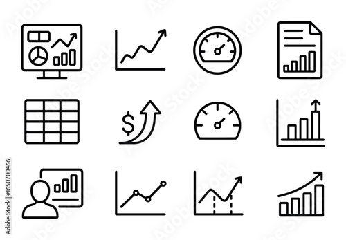 Business Analytics Icons. Outline icon set of business analytics: dashboard graph, trend chart, KPI icon,