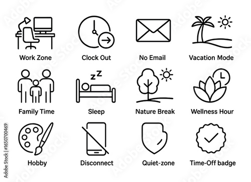 Work-Life Balance Icons. Outline icon set of work-life balance: work zone, clock out icon, no email, vacation