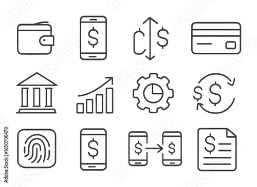 Fintech Basics Icons. Outline icon set of fintech basics: digital wallet, mobile banking, transaction icon,