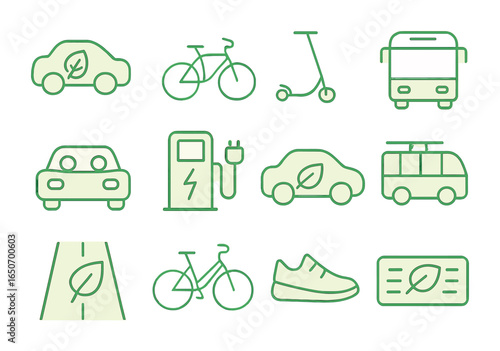 Green Transportation Icons. Outline icon set of green transportation: electric car, bike, scooter, public