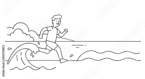 Energetic individual runs along the coastline, encountering ocean waves, illustrating a vibrant and healthy outdoor activity in a clean line art style