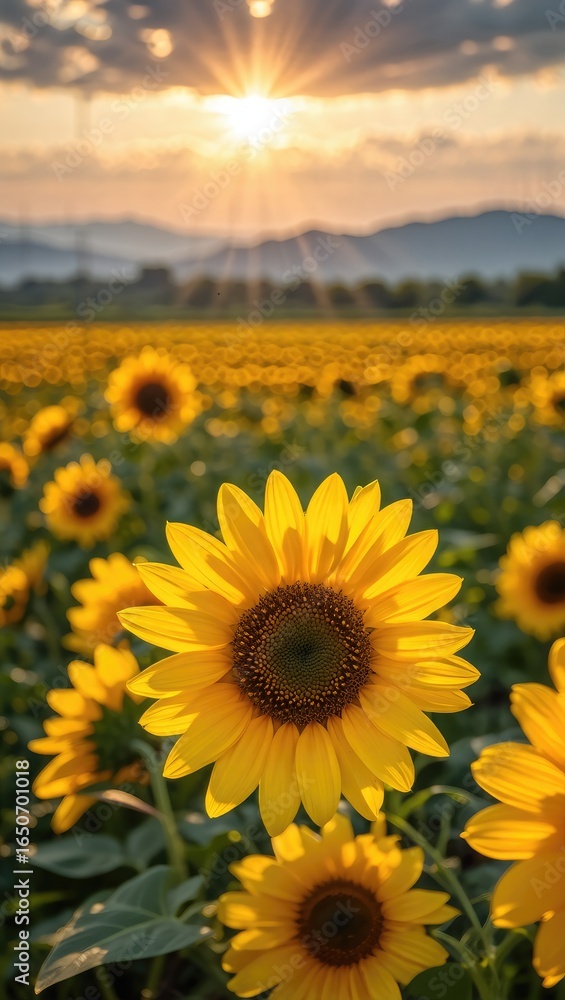 Fototapeta premium Vibrant Sunflower Field at Sunset with Sunburst flowers