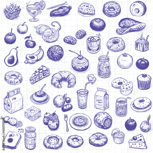 Hand-drawn vector illustration set of various food items. Doodle collection of breakfast pastries, fruits, and drinks sketched on grid paper