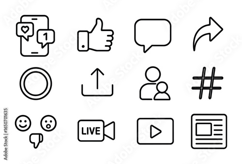Social Media Icons. Outline icon set of social media habits: smartphone with notifications, like button,