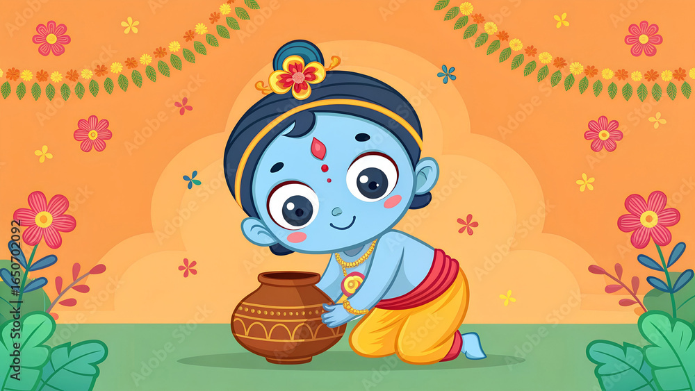 Fototapeta premium Cartoon depiction of baby krishna with a pot on a decorated orange background with flowers and garlands
