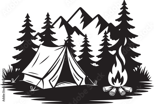 Campfire and tent scene under mountains and pine trees