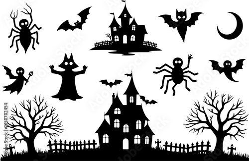 halloween background with house, castle and bats, halloween, house, night, moon, castle, bat, silhouette, holiday, scary, illustration, horror, cartoon, haunted, tree, vector, dark, autumn, spooky, ba