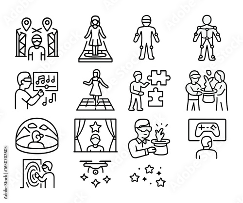 Mixed Reality Icons. Outline icon set of mixed reality entertainment: AR game arena, holographic stage, motion