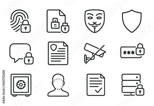 Digital Privacy Icons. Outline icon set of digital privacy rights: fingerprint lock, encrypted file, anonymous