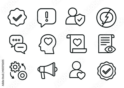 Social Media Icon Set. Outline icon set of social media responsibility: verified badge icon, misinformation