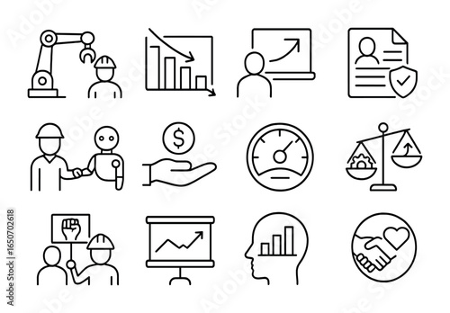 Automation Ethics Icons. Outline icon set of automation and labor ethics: robotic arm with worker,