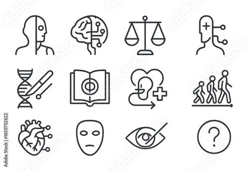 Transhumanism Debate Icons. Outline icon set of transhumanism debates: cyborg silhouette, human brain with