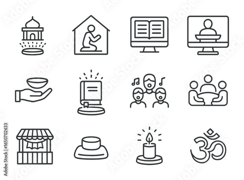 Virtual Faith Icons. Outline icon set of virtual religious gatherings: temple hologram, prayer room avatar,