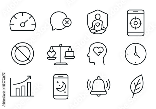 Digital Wellness Icon Set. Outline icon set of digital addiction awareness: screen time meter, notification