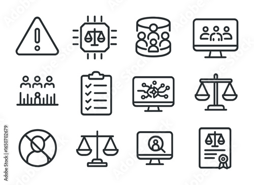 Algorithm Bias Prevention Icons. Outline icon set of algorithmic bias prevention: bias warning symbol,