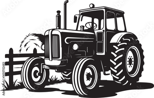 Classic tractor ready for farm work near hay bale