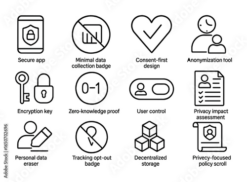 Privacy Icon Set. Outline icon set of privacy by design: secure app icon, minimal data collection badge,