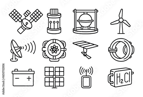 Space Energy Icons. Outline icon set of energy generation in space: solar power satellite, nuclear reactor