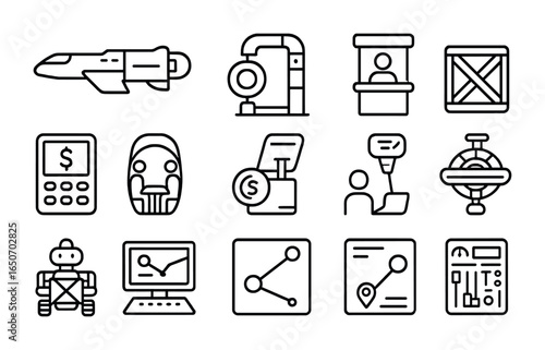 Interstellar Trade Icons. Outline icon set of interstellar trade: cargo freighter, docking port, customs
