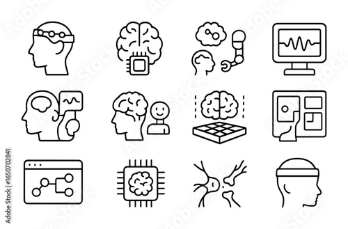 Brain-Tech Icon Grid. Outline icon set of brain-computer interfaces: EEG headset, neural implant chip, thought