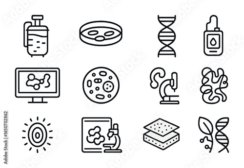Synthetic Biology Icons. Outline icon set of synthetic biology: bio reactor tank, cell culture dish, synthetic