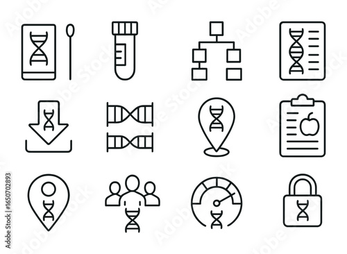 Genetic Testing Icons. Outline icon set of personal genetic testing: DNA swab kit, saliva collection tube,