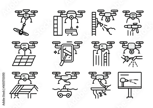 Cleaning Drone Icons. Outline icon set of cleaning drones: ceiling dusting drone, wall cleaning drone, outdoor