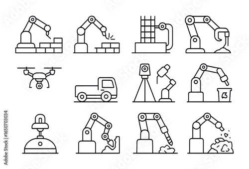 Construction Robot Icons. Outline icon set of construction site robots: bricklaying robot, welding bot, rebar