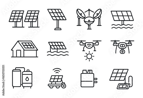Next-Gen Solar Icons. Outline icon set of next-generation solar power: bifacial panels, solar tracking systems