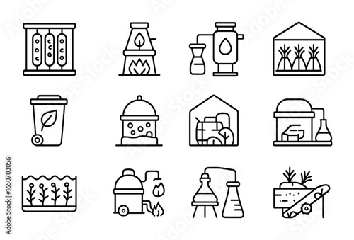 Bioenergy Innovation Icons. Outline icon set of bioenergy innovations: algae bioreactors, biomass gasifiers,