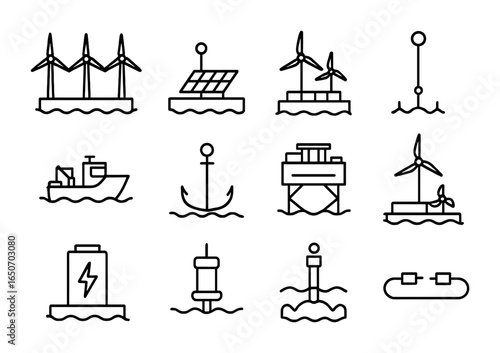 Floating Renewable Platforms Icons. Outline icon set of floating renewable platforms: floating wind turbines,