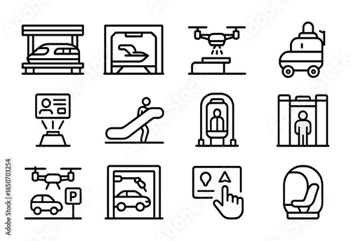 Cyberpunk Transport Icons. Outline icon set of cyberpunk transportation hubs: maglev stations, docking bays,